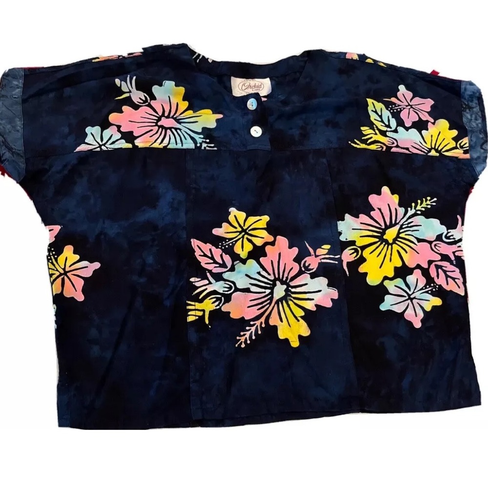 Blue Floral Pink TOP Hawaiian Yellow Art-to-Wear Rayon CROPPED Short Sleeve Med